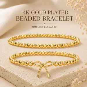 2Pcs Gold Beaded Bracelets for Women 14K Gold Plated Bow Bracelet Handmade Stackable Bracelets for Women Trendy Non Tarnish Bracelet Jewelry Gift for Women