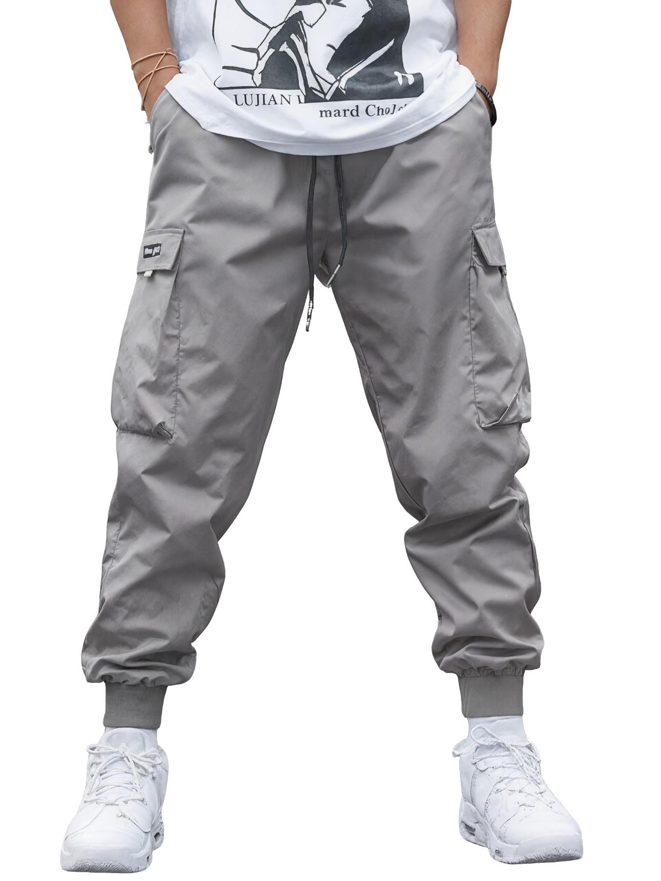 Men's Versatile Work Pants, Plain Color, Durable Utility Pants, Practical Large Pockets, Fashion Drawstring, Comfortable Fit, Stylish, All Seasons