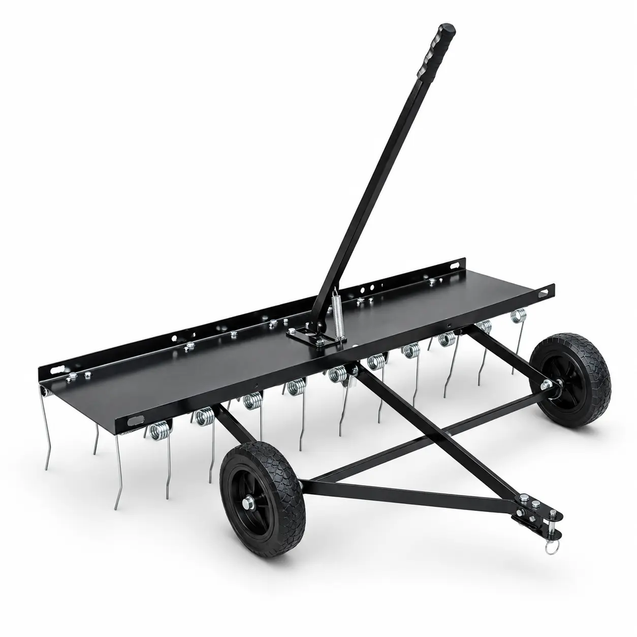 Tow-Behind Lawn Dethatcher Rake Attachment, 40/48 Inch Thatch Remover with 20/24 Spring Steel Tines, 8-Inch Solid Wheels, Adjustable Lift Handle and 70 lb Capacity Weight Tray for Riding Mowers, Lawn Tractors and ATVs, Moss, Leaf and Pine Needle Cleanup