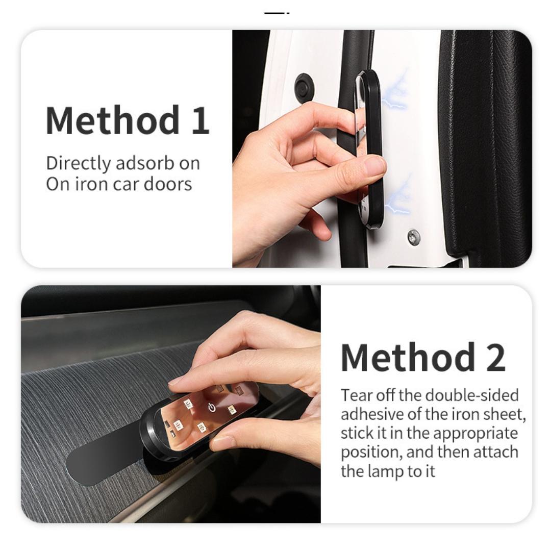 2 automotive warning door lights, LED anti-collision lights, flashing lights that activate when doors open, sensor-controlled lights for creating a welcoming atmosphere, no wiring required