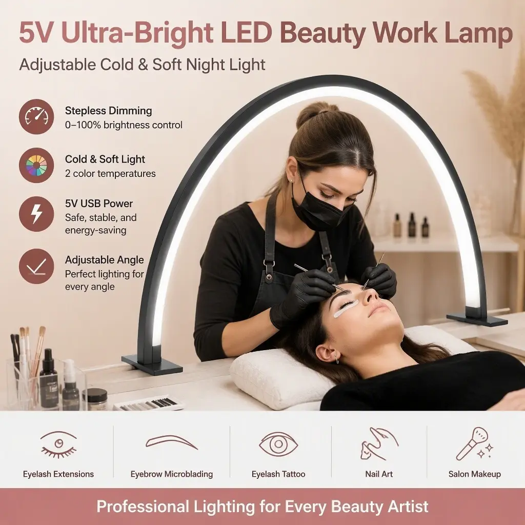 5V Ultra‑Bright LED Esthetician Work Lamp, Adjustable Cold & Soft Lighting, Professional Beauty Salon Night Light for Eyelash Extensions, Eyebrow Microblading, Eyelash Tattoo, Nail Art, Lash Tech & Makeup Artists