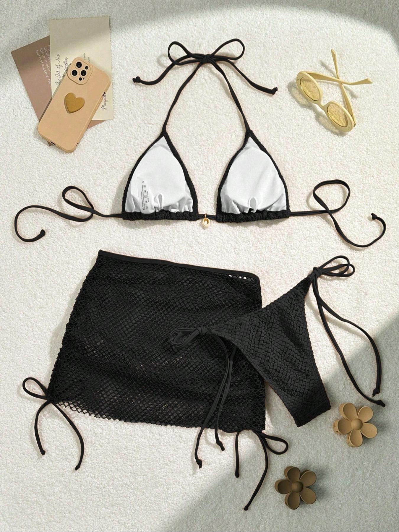 2026 Three-Piece Swimsuit Style Bikini Set with Sheer Net Top and Skirt, Women's Summer Swimwear for Beach Vacation, Elegant and Stylish Swimsuit