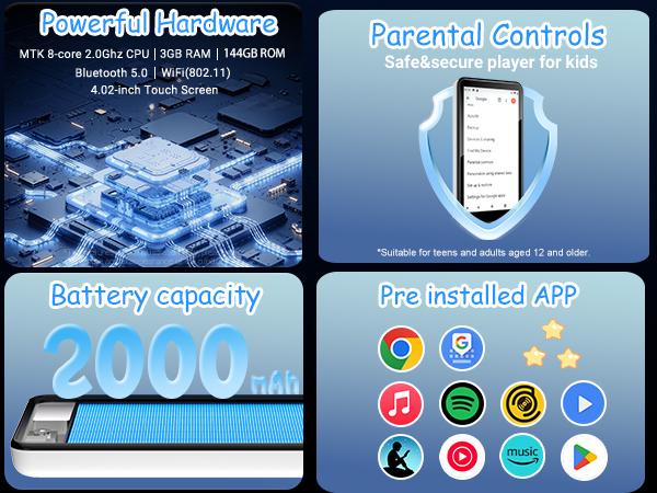 MP3 Player with Bluetooth and WiFi, 144GB Storage & Android OS, 4" Touch Screen, FM Radio, Kids MP3 & MP4 Player with Spotify, Amazon Music, and Google Play Store, DGTenk Portable Media Player MP3 Player with Bluetooth and WiFi, 144GB Storage & Android OS, 4" Touch Screen, FM Radio, Kids MP3 & MP4 Player with Spotify, Amazon Music, and Google Play Store, DGTenk Portable Media Player