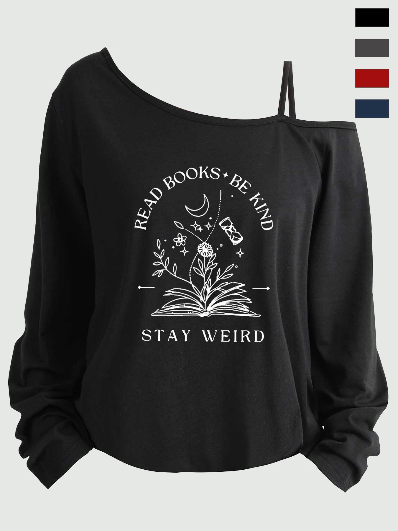 Plus Size Women's Loose-Fit Long Sleeve Cami Top, Asymmetrical Neckline, Letter Print, All Seasons, Sizes 1-8xl