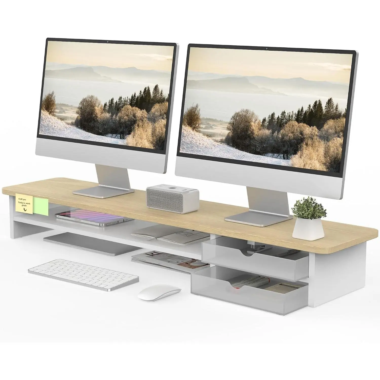 Oak Wood Frame Desk Organizer, Multi-Level Monitor Stand with Frosted Storage Drawer for Desk Computers