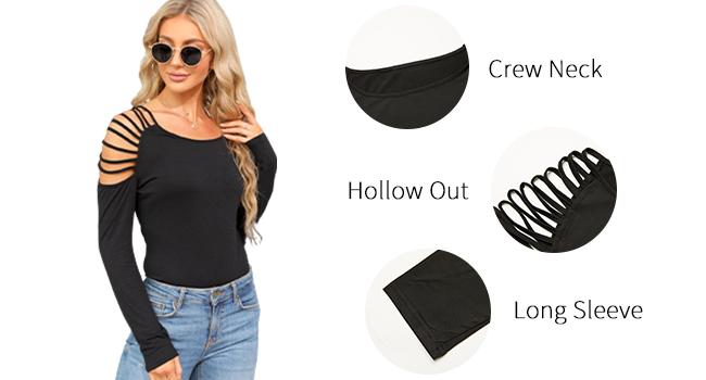 Danedvi Women's Long Sleeve Cold Shoulder Tops Plain Hollow Out Boat Neck Casual Blouses Shirts