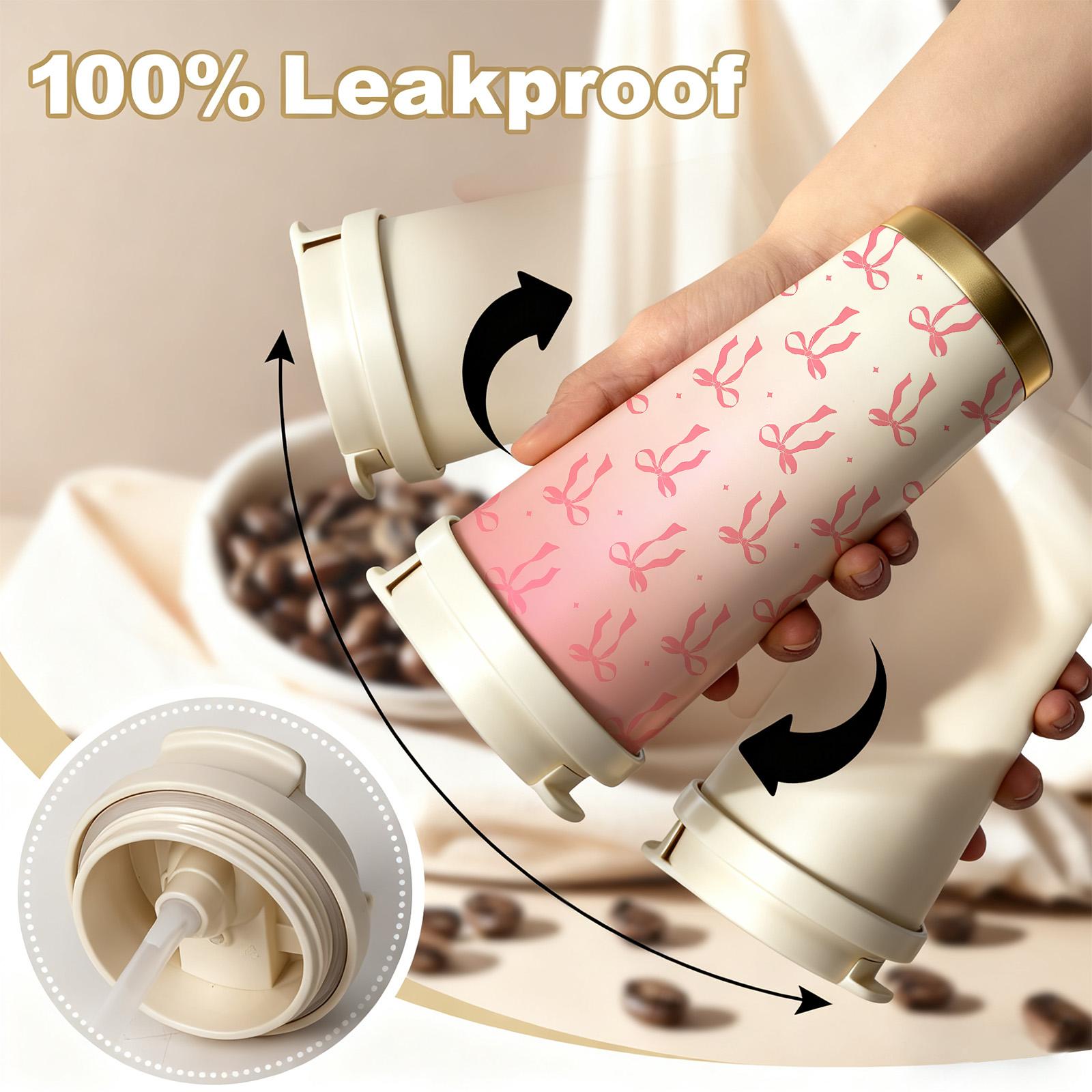 1 Pc insulated mug pink bow ribbon vacuum cup, Vacuum insulated flask, double wall stainless steel leak-proof travel coffee tumbler, tumbler for hot cold drinks, keeps warm 12 h/cold 24 h, 18oz pink thermal mug for women, holiday gift