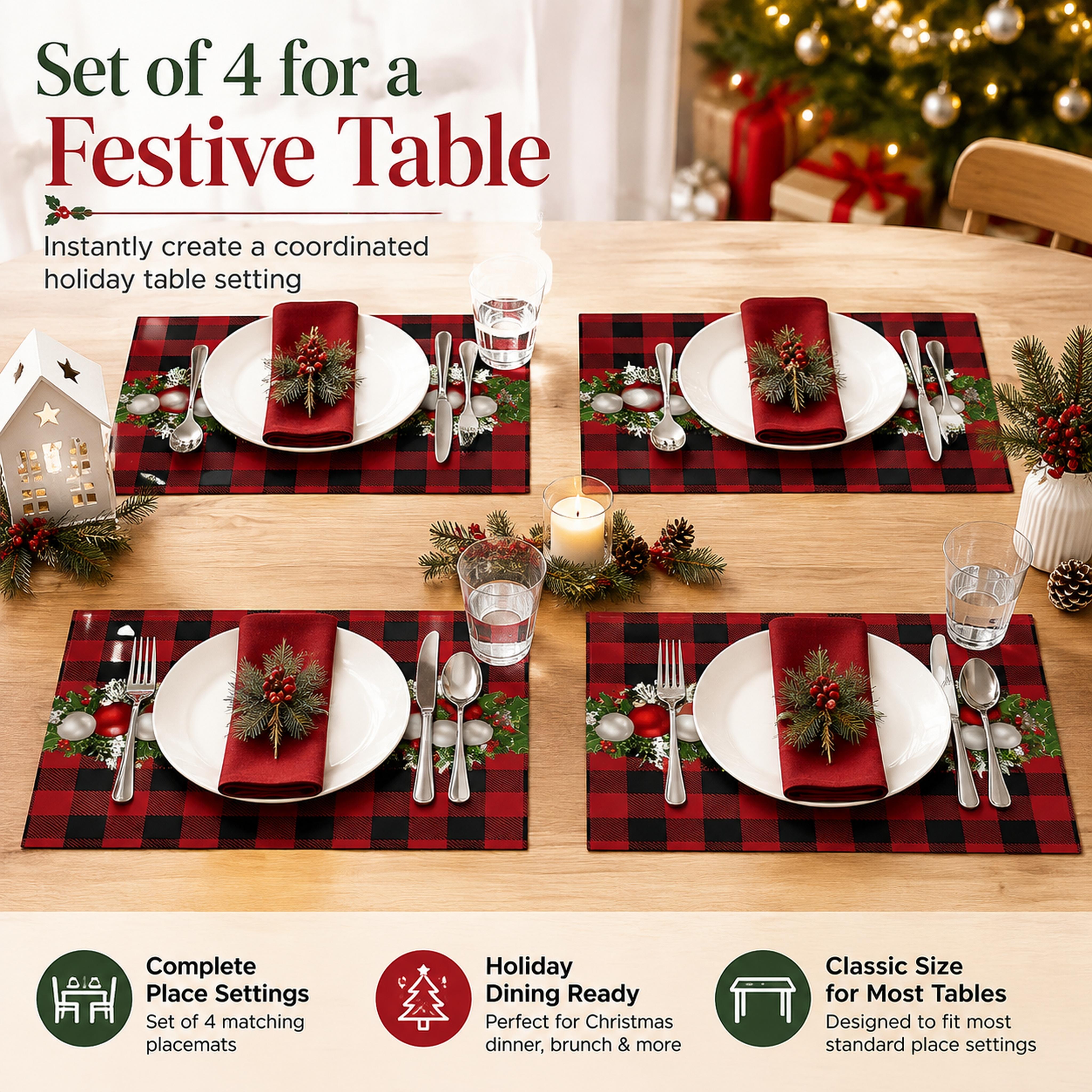 4‑Pack Christmas Festive Placemat Set, Classic Size Table Mats for Home Kitchen Dining Tables, Holiday Decor for Christmas Party & Family Dinner Lovers