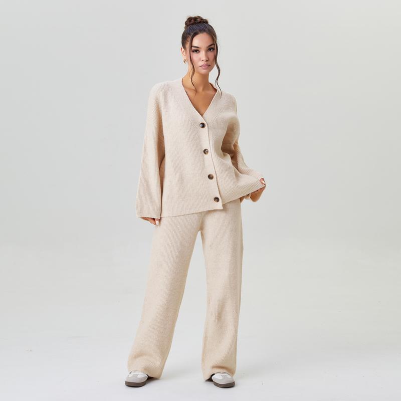 KatchMe Women's Slouchy Solid Color V-Neck Button-Up Long Sleeve Cardigan & Stretch Loose Trousers Co-ord, Minimalist Two Piece Outfits, Cozy Womenswear