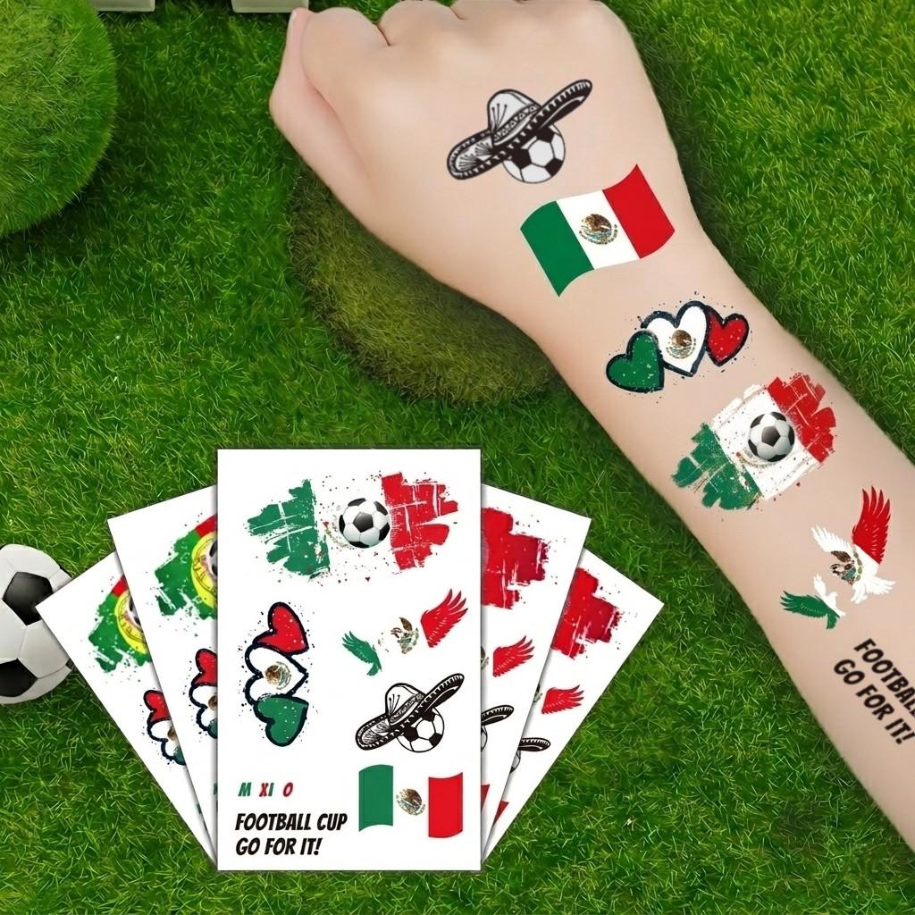 5 PCS Set Mexican Flag Football Temporary Tattoos, Waterproof Fan Face Stickers, Sports Event Party Body Decorations, Facial Arm Use