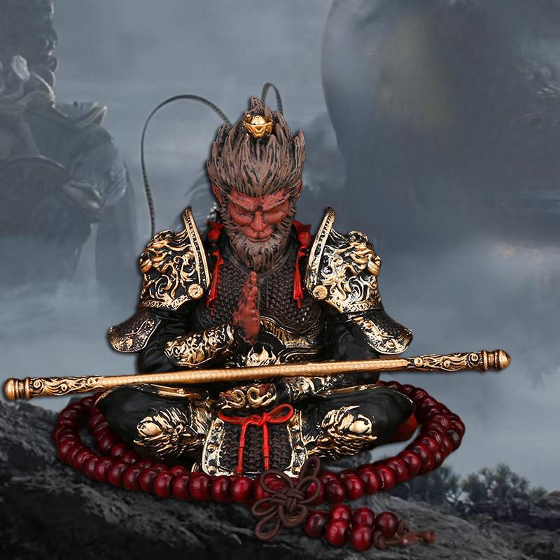 Hand-Painted Monkey King Statue Figurine with Golden Staff, Unique Car Dashboard Decor, High-Quality Mythical Chinese Art Collectible