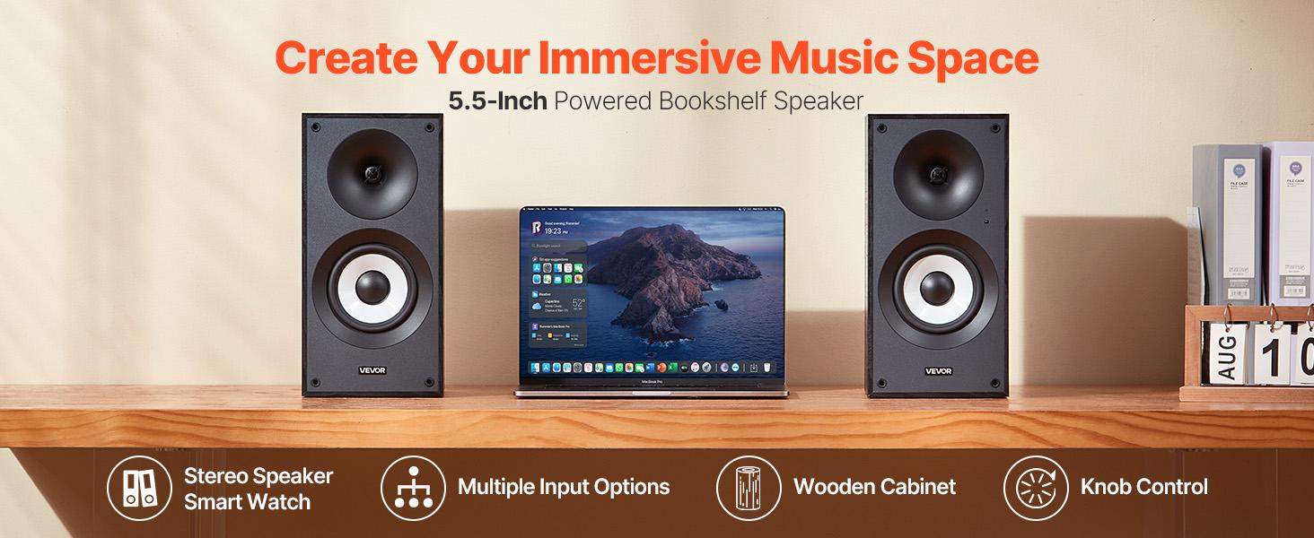 VEVOR Powered Bookshelf Speakers, 25Wx 2, Active Studio Monitor Speaker with 5.5 Inch Woofer, Bluetooth/RCA/Coaxial/Optical/USB/Subwoofer Connection, Wooden Enclosure, for Record Player Turntable PC