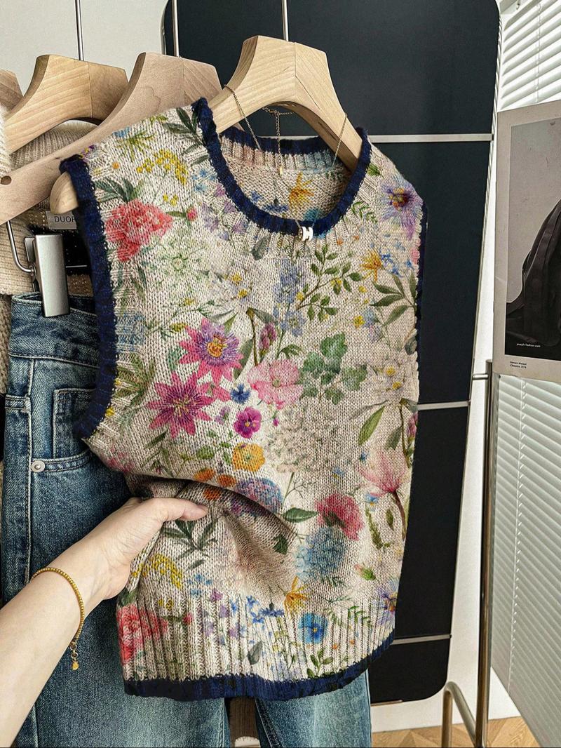 Women's Casual Loose-Fitting Round Neck Sleeveless Knit Top, Spring Summer Floral Print Sweater, Elegant for All Seasons