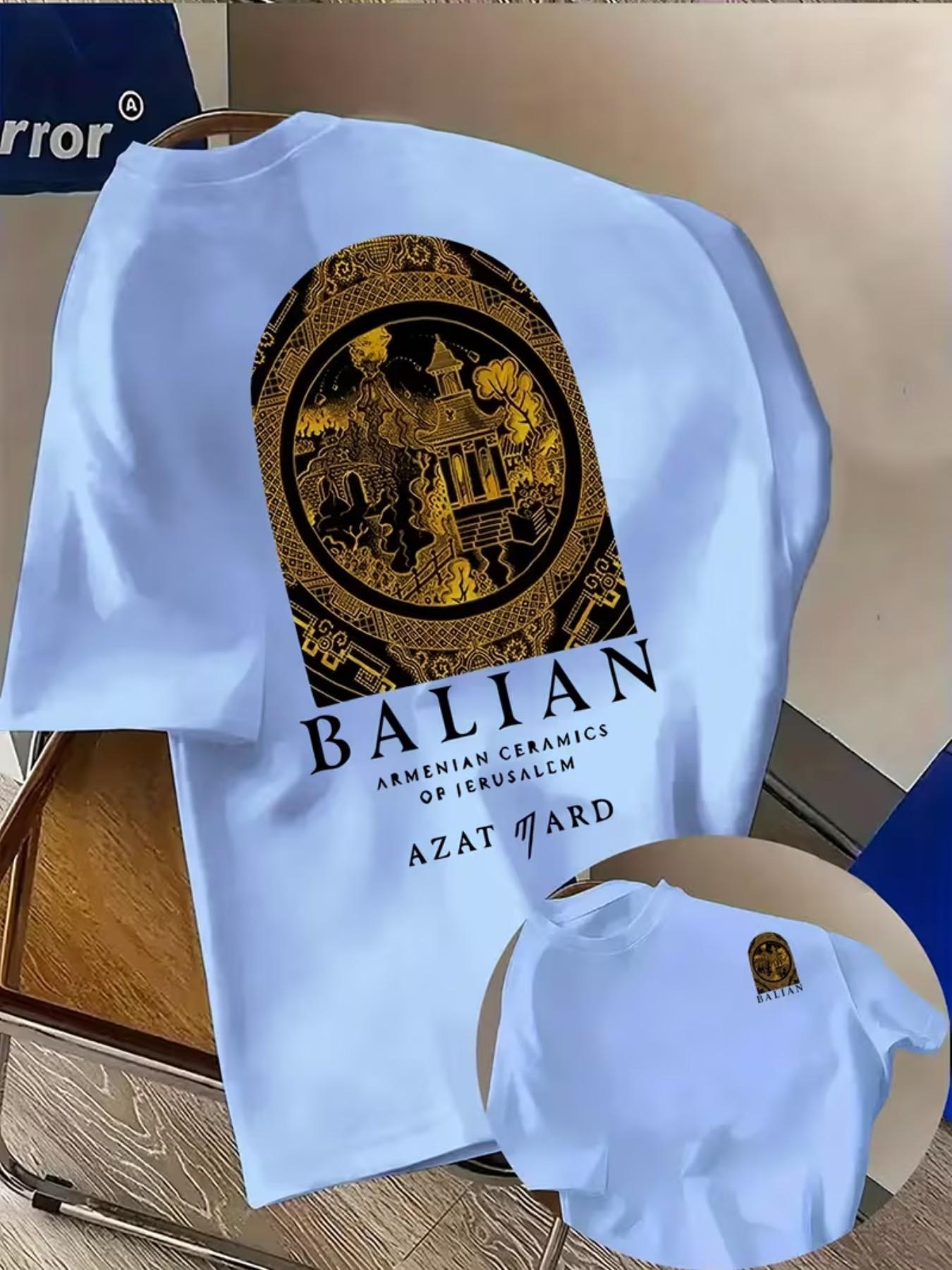 Men's Fashion T-Shirt with Creative Armenian Ceramics Print, Geometric Pattern, Loose-Fit, Casual Summer Top, All Seasons