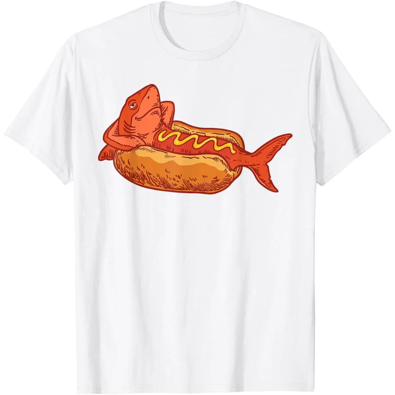 Funny Shark Hot Dog Mustard Food Mashup Humor T-Shirt