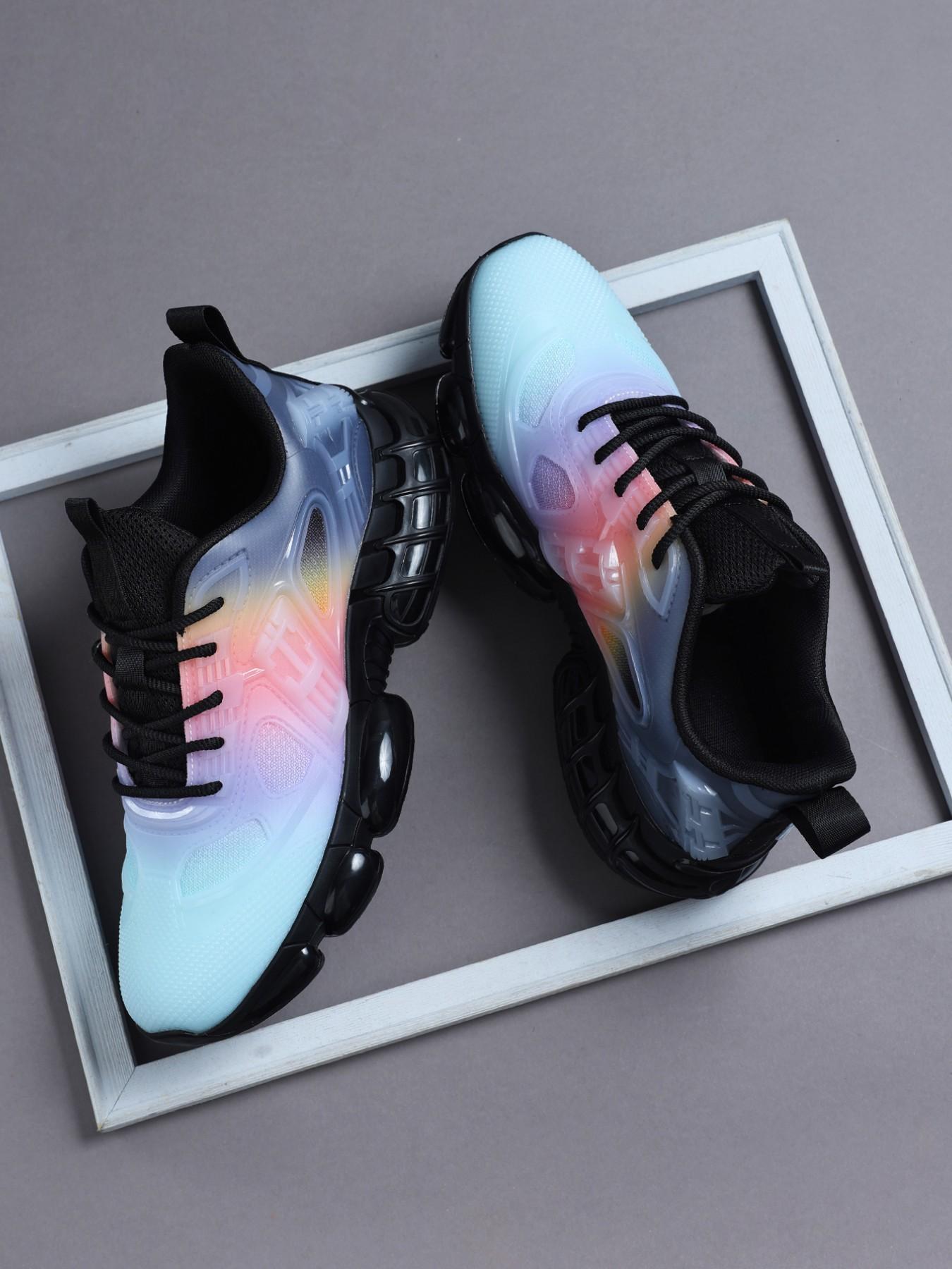 Men's Gradient Future-Style Thick Sole Running Shoes, Breathable Mesh, Semi-Transparent Geometric Overlay, Bubble Cushioning, Sporty Style