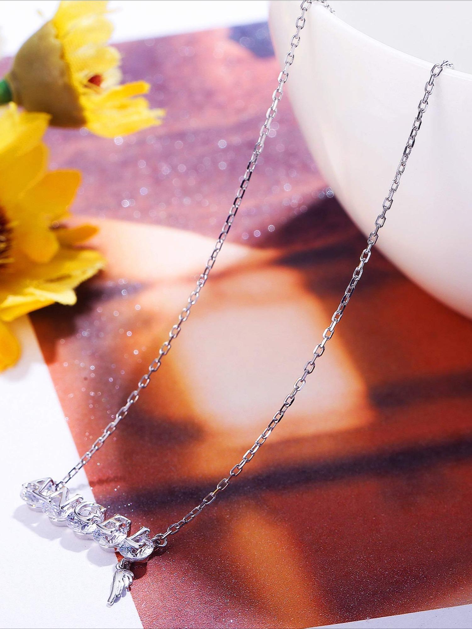 1 Pc Elegant Silvery ANGEL Letter Necklace with Sparkling Swarovski Crystal for Women Men Angel Wing Charm Trendy Meaningful Jewelry Piece Constructed with Durable Hypoallergenic Copper Lightweight Skin-friendly Ideal for Prolonged Daily Wear