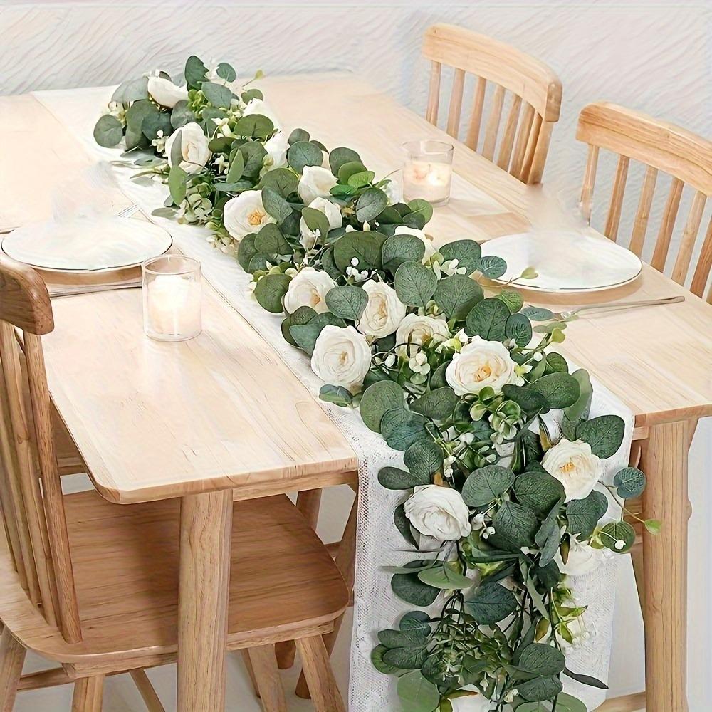 70-inch Eucalyptus and Rose Garland, Plastic Flower Vine for Home Decor, Wedding and Engagement Table Decoration for Various Room Types, Featherless Plastic Floral Vine, Ideal for Party Tables & Indoor Wall Backdrops, Artificial Eucalyptus Garland