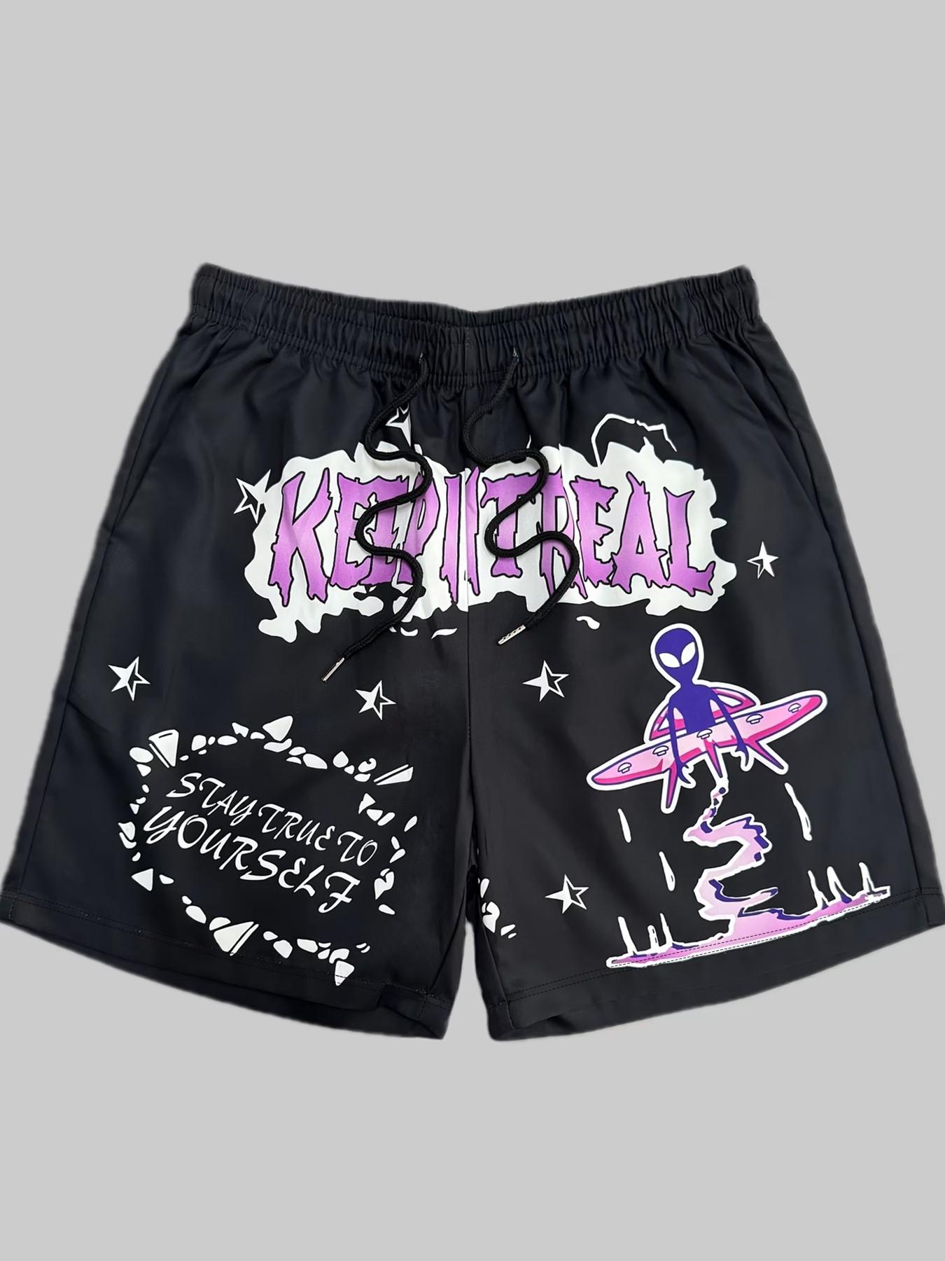 3-Pack Men's Shorts, Graphic Letter Print, Graffiti Style Shorts, Street Style, Trendy Shorts, Casual Athleisure Shorts, Casual, Knee-Length, Drawstring Waist, Comfortable, Spring & Fall, Graphic Athletic Shorts