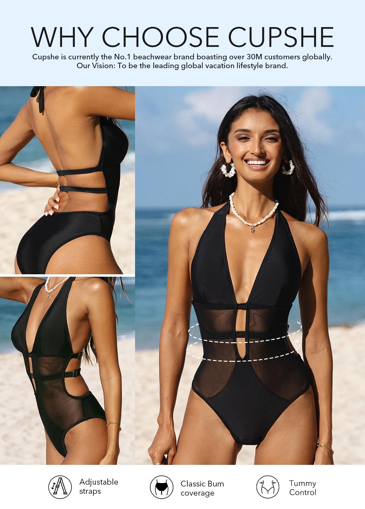 CUPSHE TikTokShopSpringGlowUp 2026 Hourglass Sculpting Mesh One-Piece Swimsuit | Deep V Neck Tummy Control Monokini  swimwear | Chic Halter Back Sheer Bathing Suit for Pool Party Glam SpringStatements