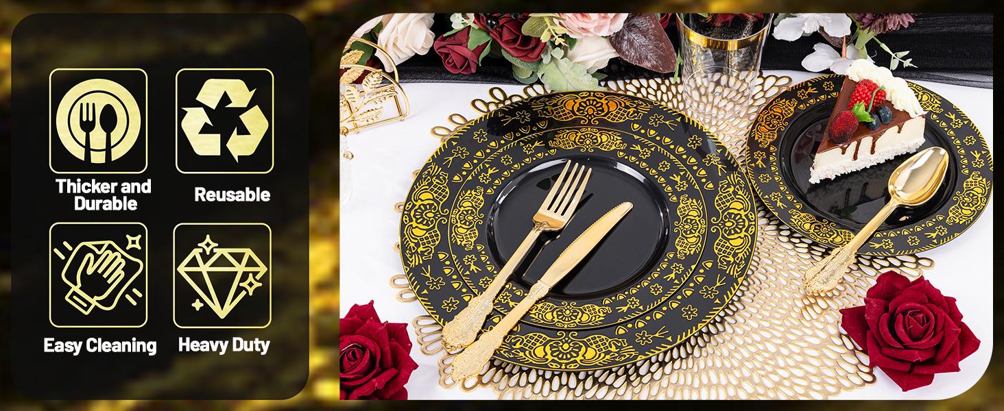 350PCS Black and Gold - Gold Disposable Dinnerware Set Include 50 Dinner, 50 Dessert, 150 Gold Silverware, 50, 50 Cups for Wedding &