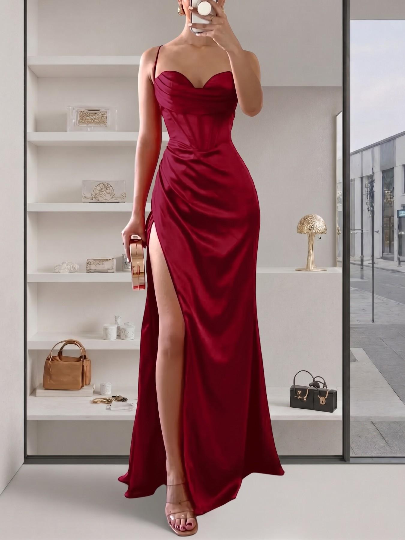 Women Black Satin Corset Maxi Dress Spaghetti Strap Backless Lace Up High  Split Bodycon Long Dress