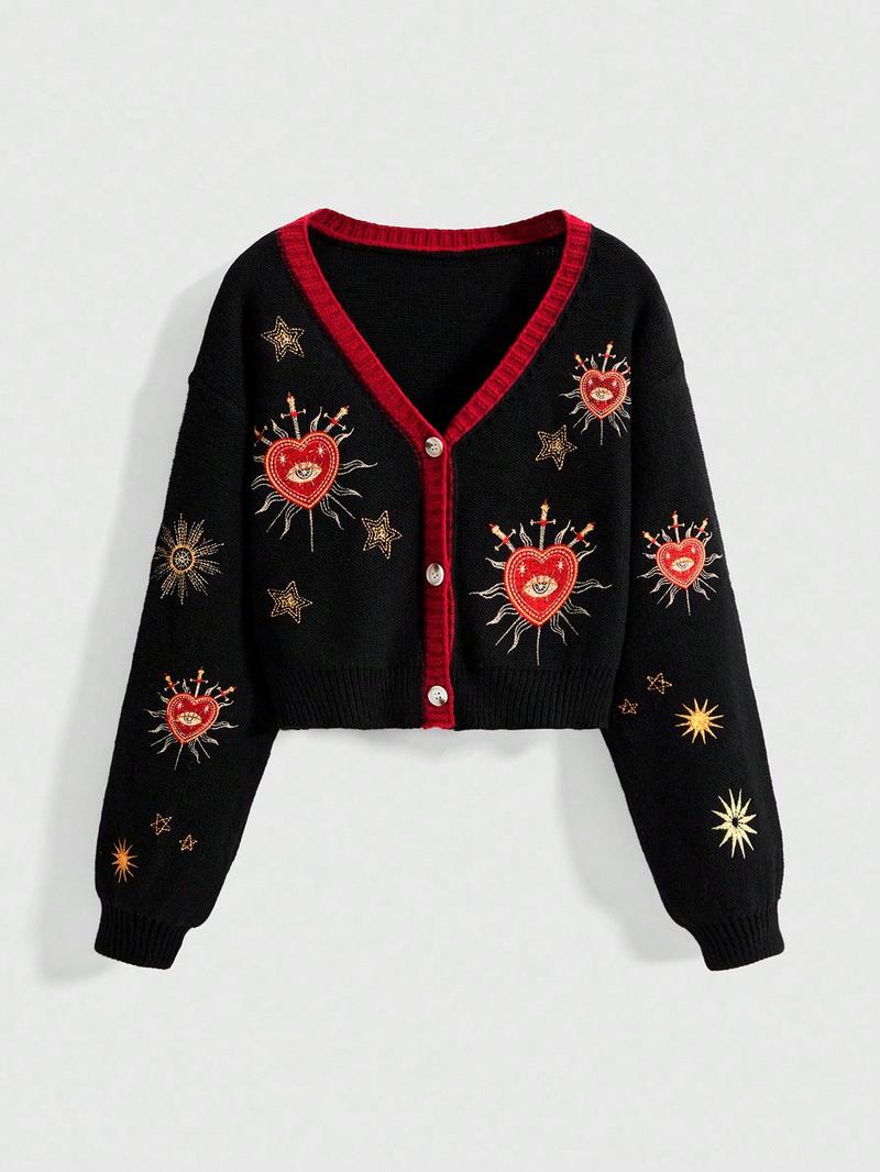 Women's V-Neck Button-Up Knit Cardigan Knitwear, Cropped Loose Fit Long Sleeve with Love Sun Star Embroidery, Ribbed Detail for Fall Winter