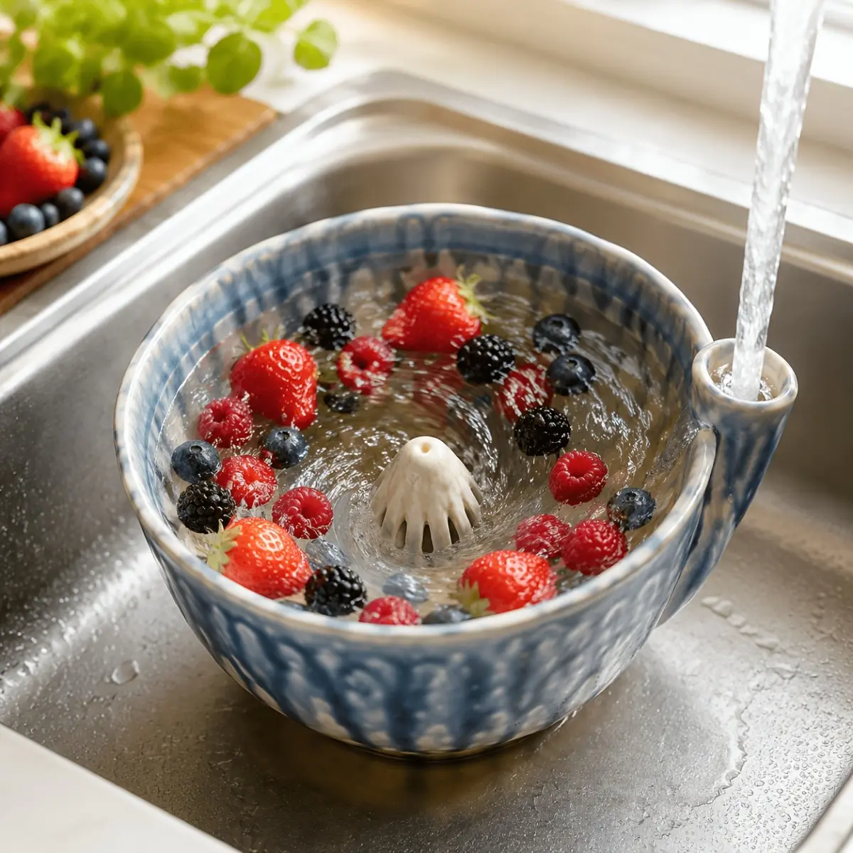 Heavy Duty Glazed Stoneware Berry Strainer Bowl, Lead-Free Food Safe Ceramic Fruit Washing Basket with Precision Drainage Holes, Smooth Easy-Clean Stain-Resistant Kitchen Colander, Durable
