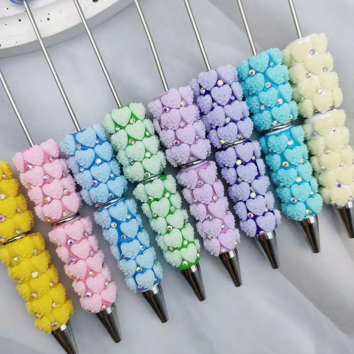 5pcs Heart Design Full Coverage High Aesthetic DIY Beaded Pens, Beadable Pens, Pearl-Inserting Round Ballpoint Pens, Beautiful Writing Tool Set, Stationery Office Supplies