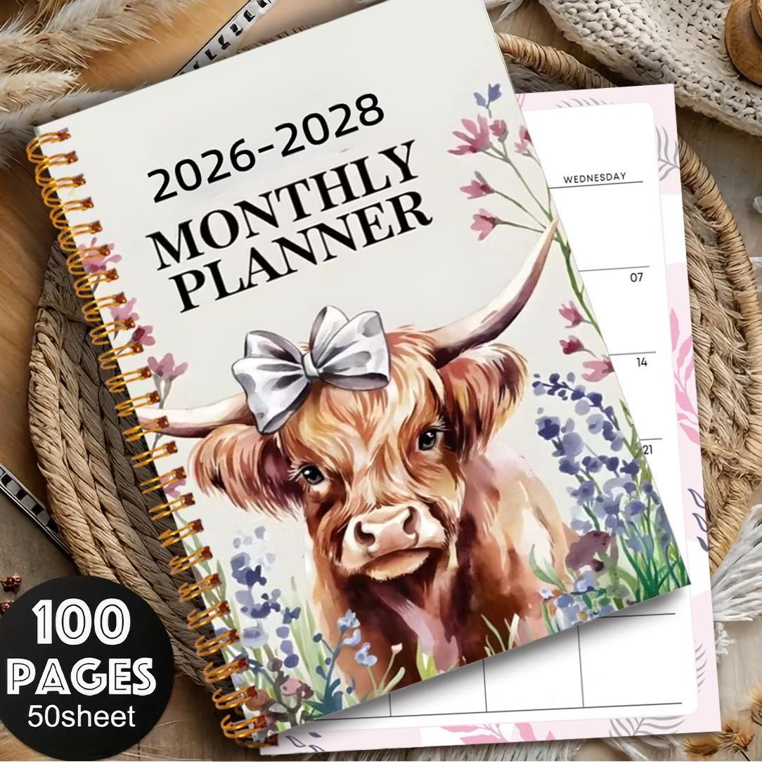 Highland Cow Monthly Planner Notebook 2026-2028, Coilbound Looseleaf Schedule Organizer, Essential Planning Tool for Efficient Time Management