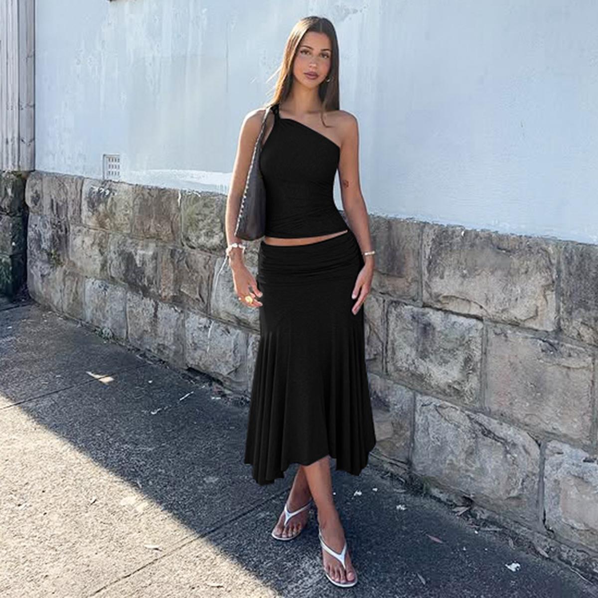 Two-piece Set, Beach Outfits Set, Women's Solid Color One Shoulder Knotted Sleeveless Tank Top & Bodycon Ruched Irregular Hem Skirt, Casual Outfits for Daily Outdoor Wear, Ladies Clothes for Summer