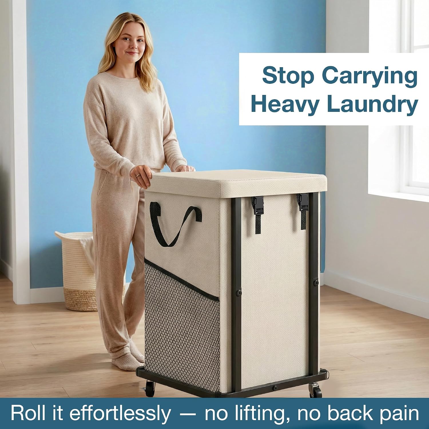 150L Laundry Basket with Wheels and Lid, Large Rolling Laundry Hamper with Removable Divider, Double Compartment Clothes Hamper, Metal Frame, White