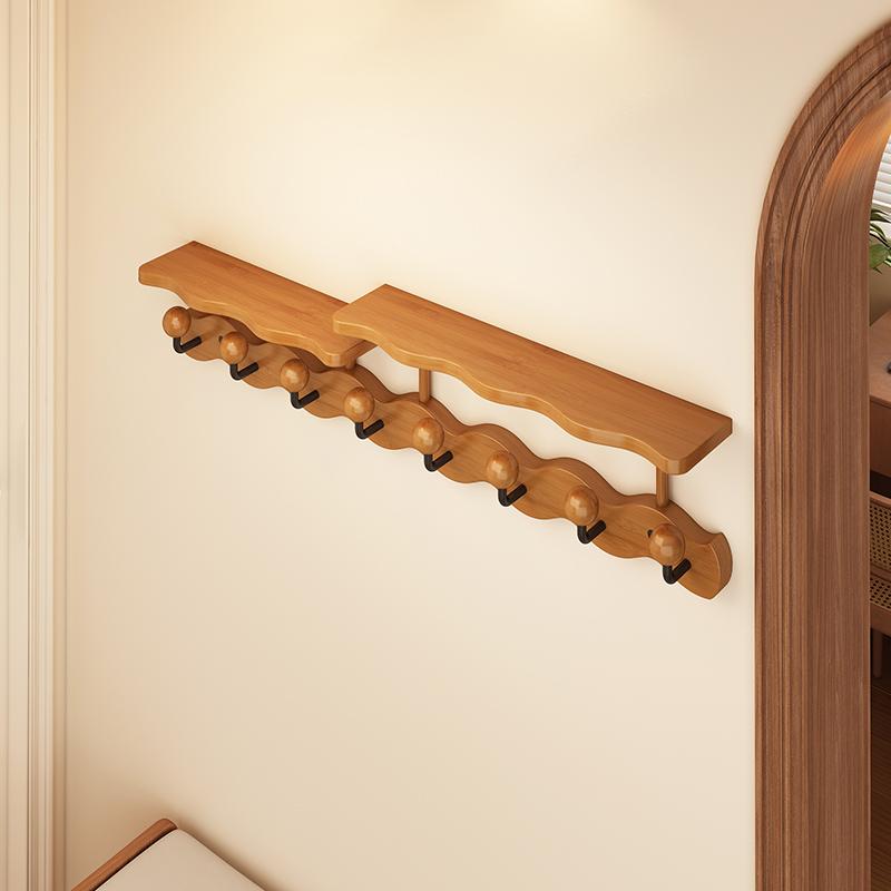 Modern Simple Coat Rack with Multiple Hooks, Wall-Mounted Bamboo Clothes Hanger, Wall Mounted Shelf, Stable and Durable, Suitable for Entryway, Bedroom, Bathroom, Wall Mount Design