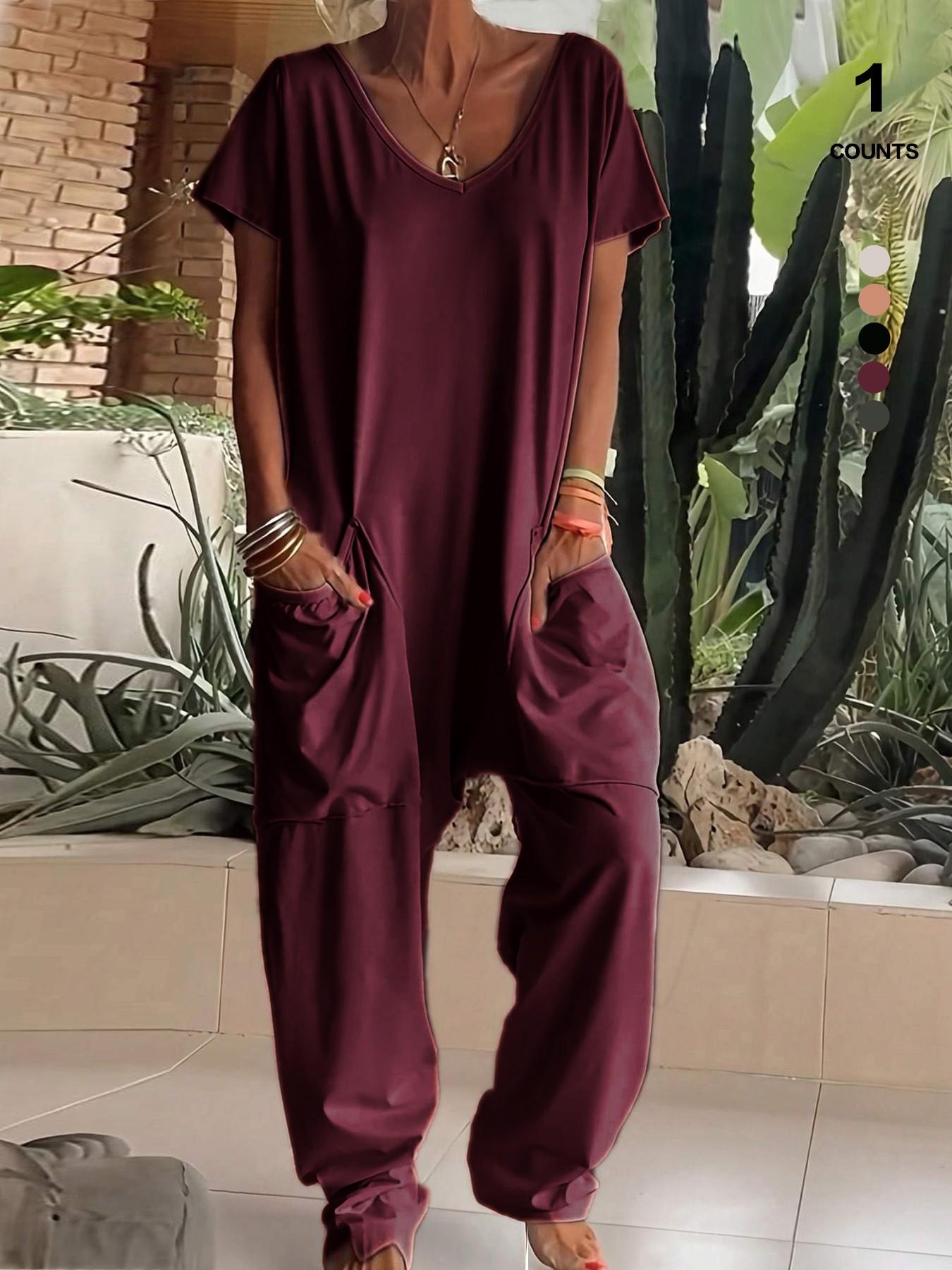 Women's Summer V-Neck Oversized Minimalist Jumpsuit, Sexy Backless Loose Fit Harem Pants, Casual Streetwear for All Seasons Womenswear