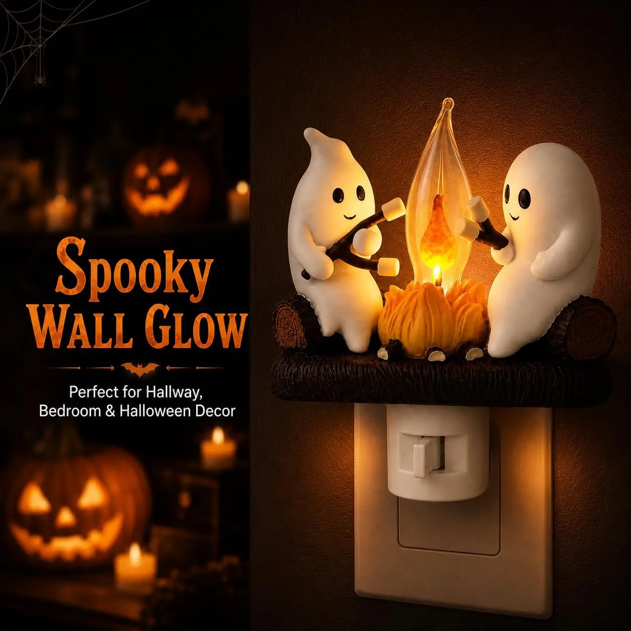 Resin Ghost Campfire Night Light - Plug-in Wall Flicker Flame Nightlight, Compact Spooky Theme Halloween 3D Cute Marshmallow Ghost Decoration for Bedroom, Home Decor