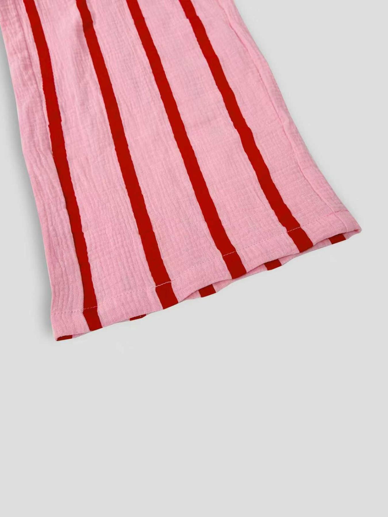 Women's Pink & Red Vertical Striped Wide-Leg Pants, Elastic Waist Lightweight Crinkled Linen-Like Trousers, Casual Streetwear Pants, Casual Summer Bottoms for Street & Vacation Style