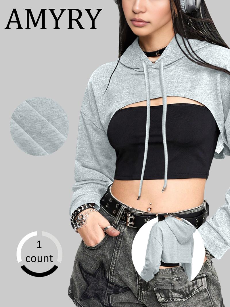 Women's Solid Drawstring Drop Shoulder Crop Hoodie, Casual Long Sleeve Hooded Sweatshirt for Daily Wear, Ladies Clothes for All Seasons, Drawstring Waist Hoodie