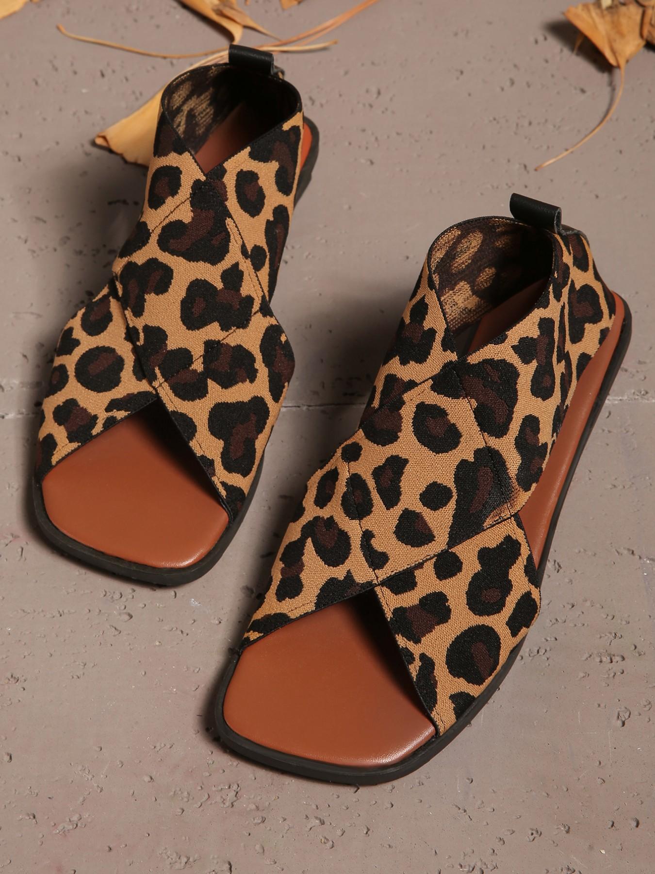 New Leopard Print Cross Strap Wedge Sandals, Square Toe Open-Toe Design, Comfortable Fit, Pull Ring for Easy On/off, All Seasons