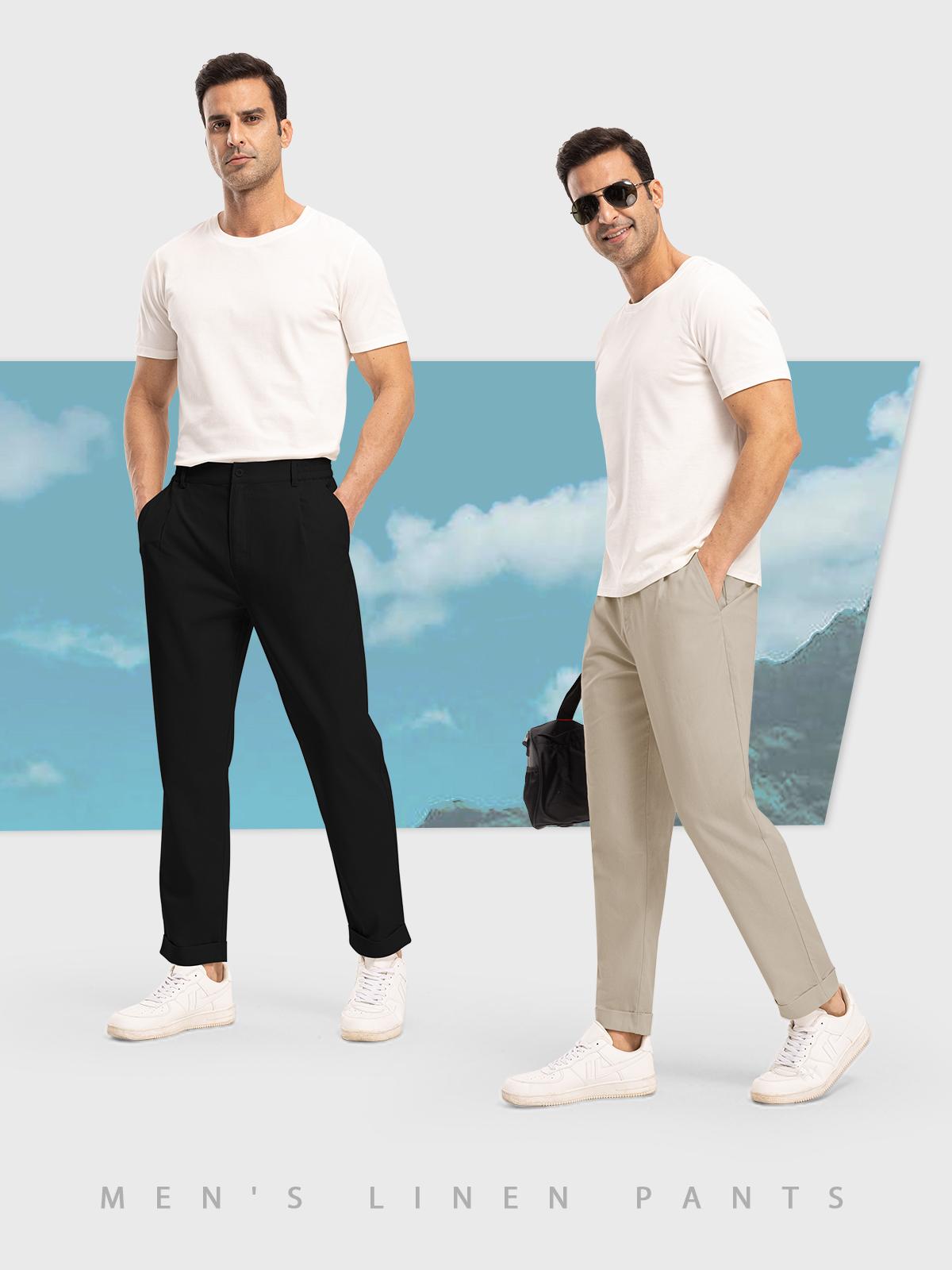 Gopune Men's Lightweight Casual Pants Slim Fit Cotton Linen Pants Elastic Waist Summer Beach with Pockets Menswear Trouser the Black Bottoms