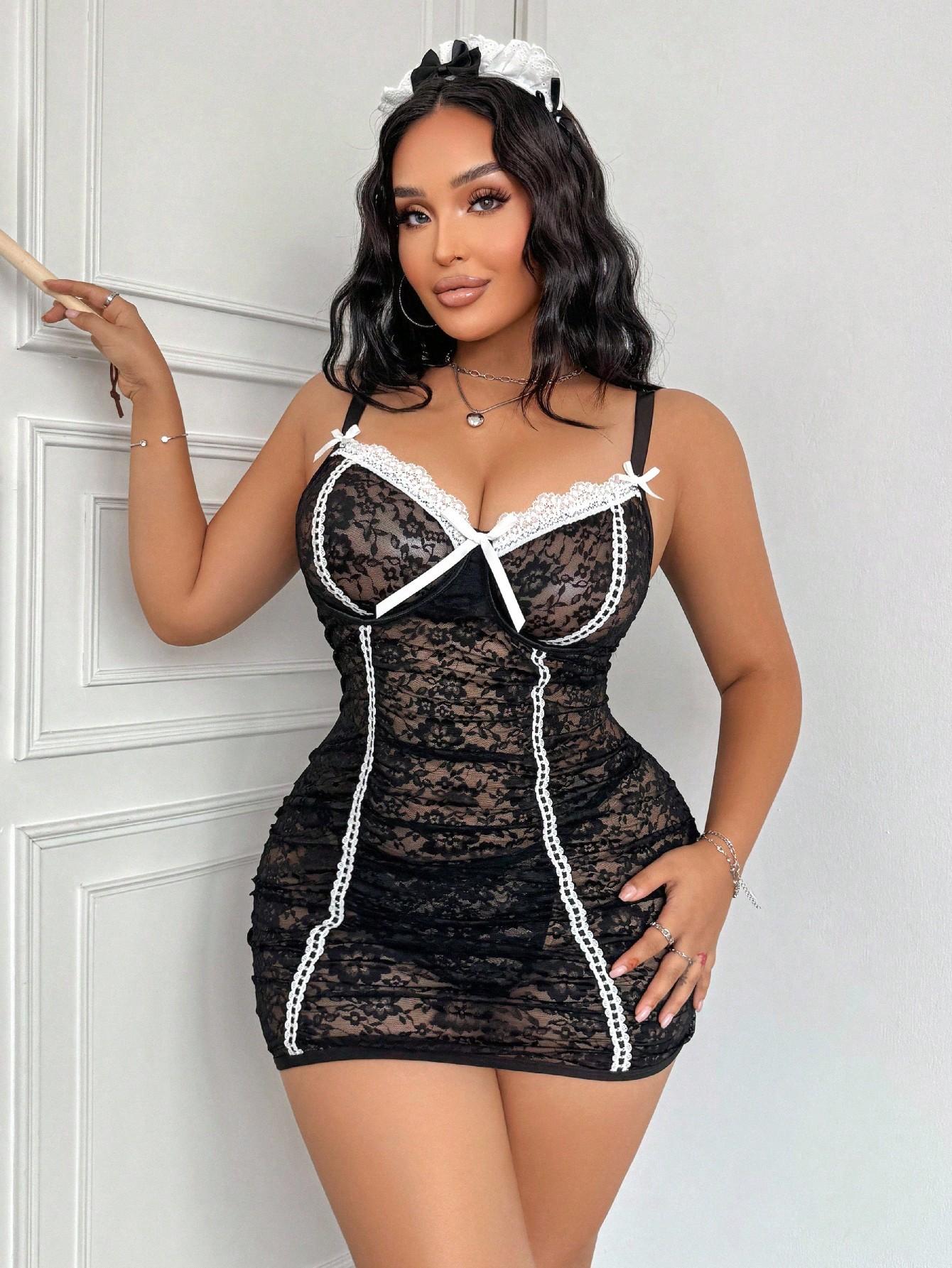 Plus Size Women's Lingerie 2 Piece Set, Sexy Lace Babydoll & G-String With Large Bow - Open Back Bridal Chemise Nightwear, Soft Clubwear For Women, Valentine's Lingerie Christmas Gift For Her, Soft Comfy Lingerie