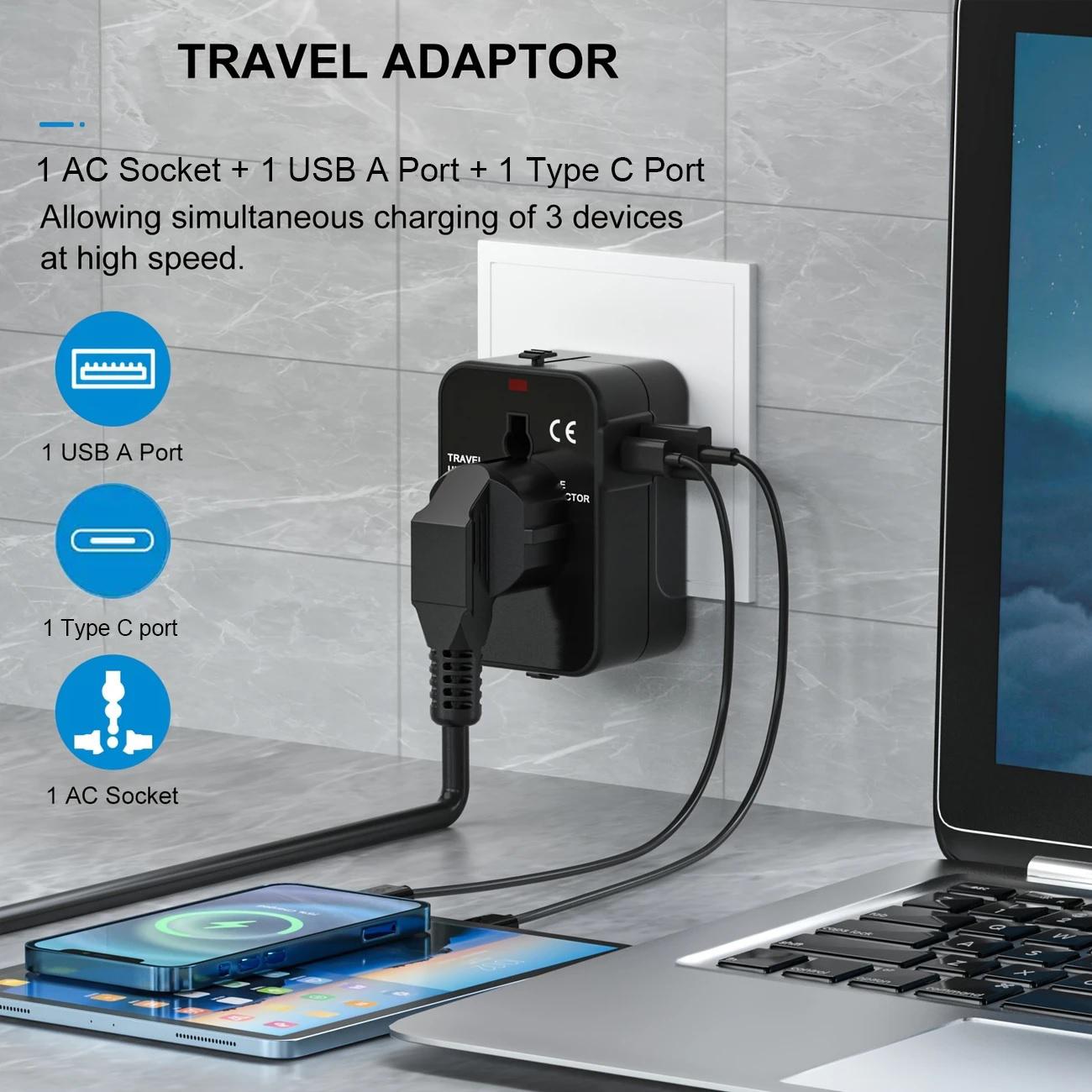 Universal Travel Adapter, One USB Port 5v2.1a+ One Type-C Port 5v2.4a+ One AC Adapter, 650w/110v, 1300w/220v, Supports over 150 Countries, Good for Travel, Home And Office