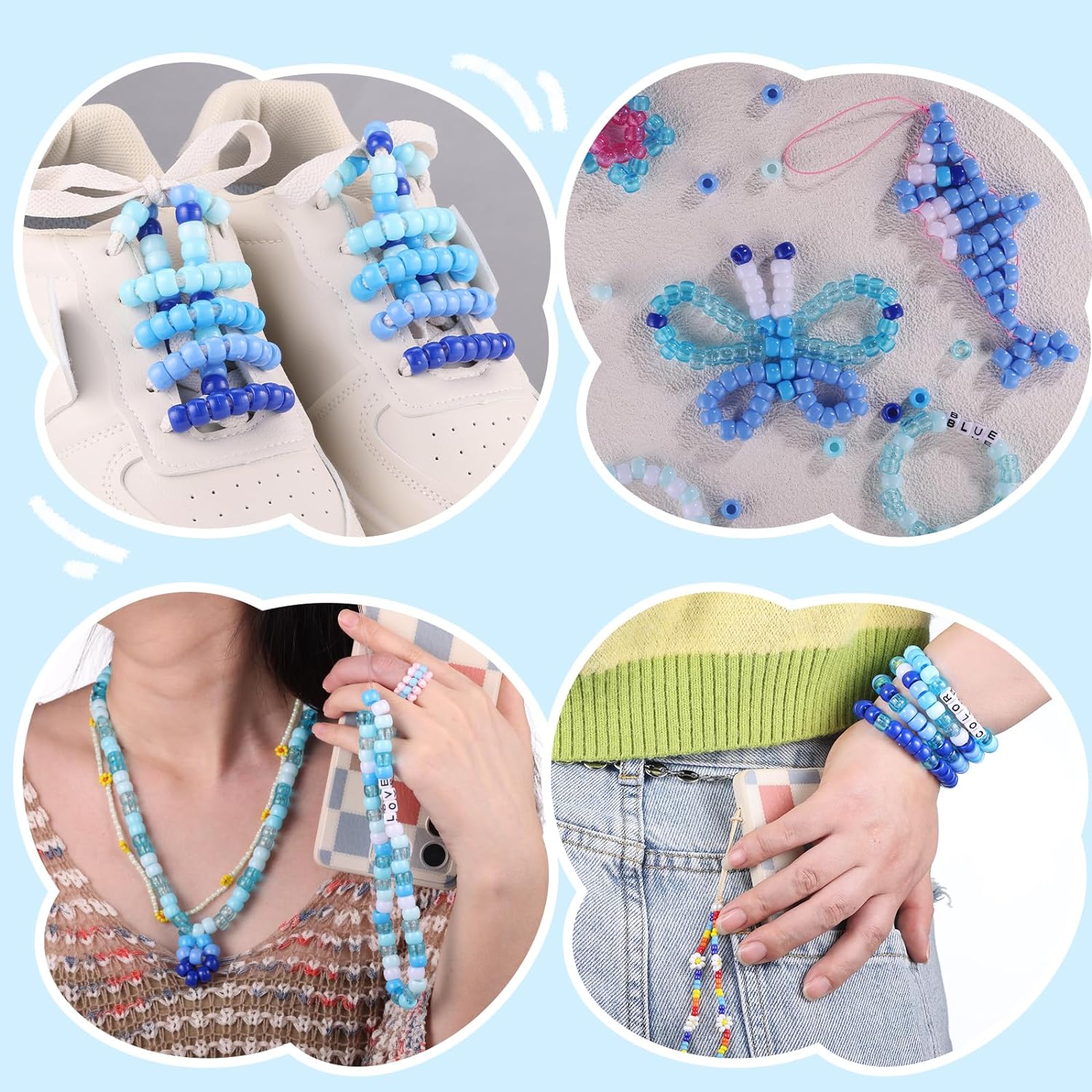 Funtopia 1200 Counts Blue Pony Beads,  6x9mm Pony Beads Bulk and 100 Counts Letter Beads, Kandi Beads Jewelry Making Kit Crafts friendship bracelet