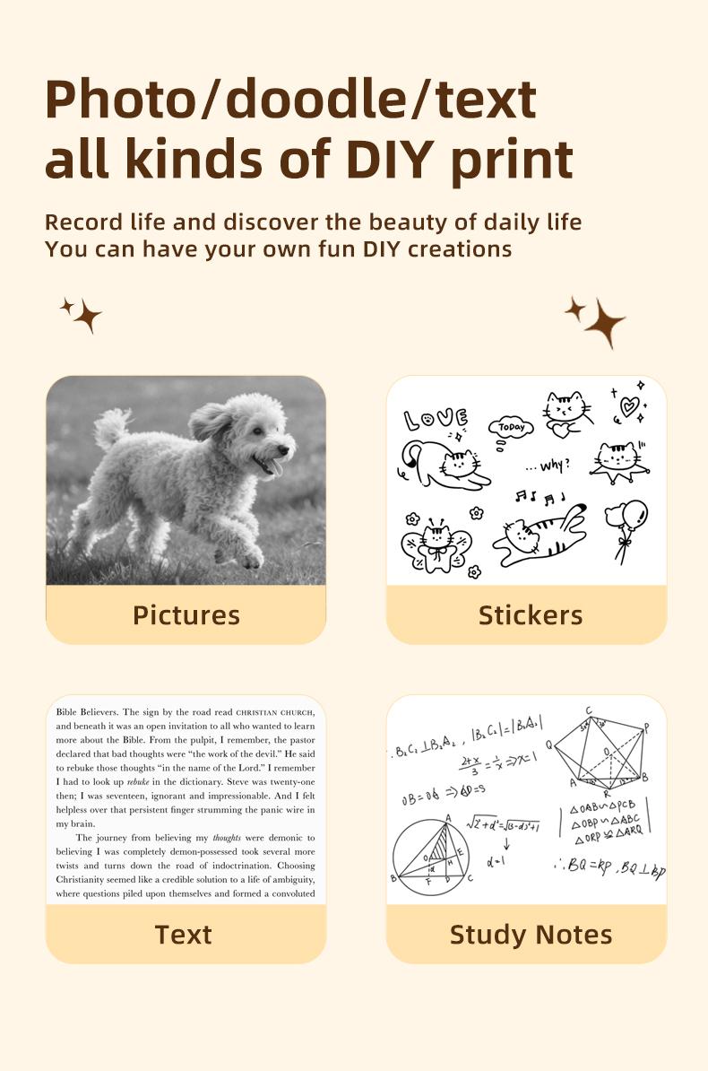 Mini Printer: Inkless Wireless Portable Cute Design, Supports Photo Text Web Bill Printing, Essential Daily Carry Instant Print Device, Thermal Label Printer