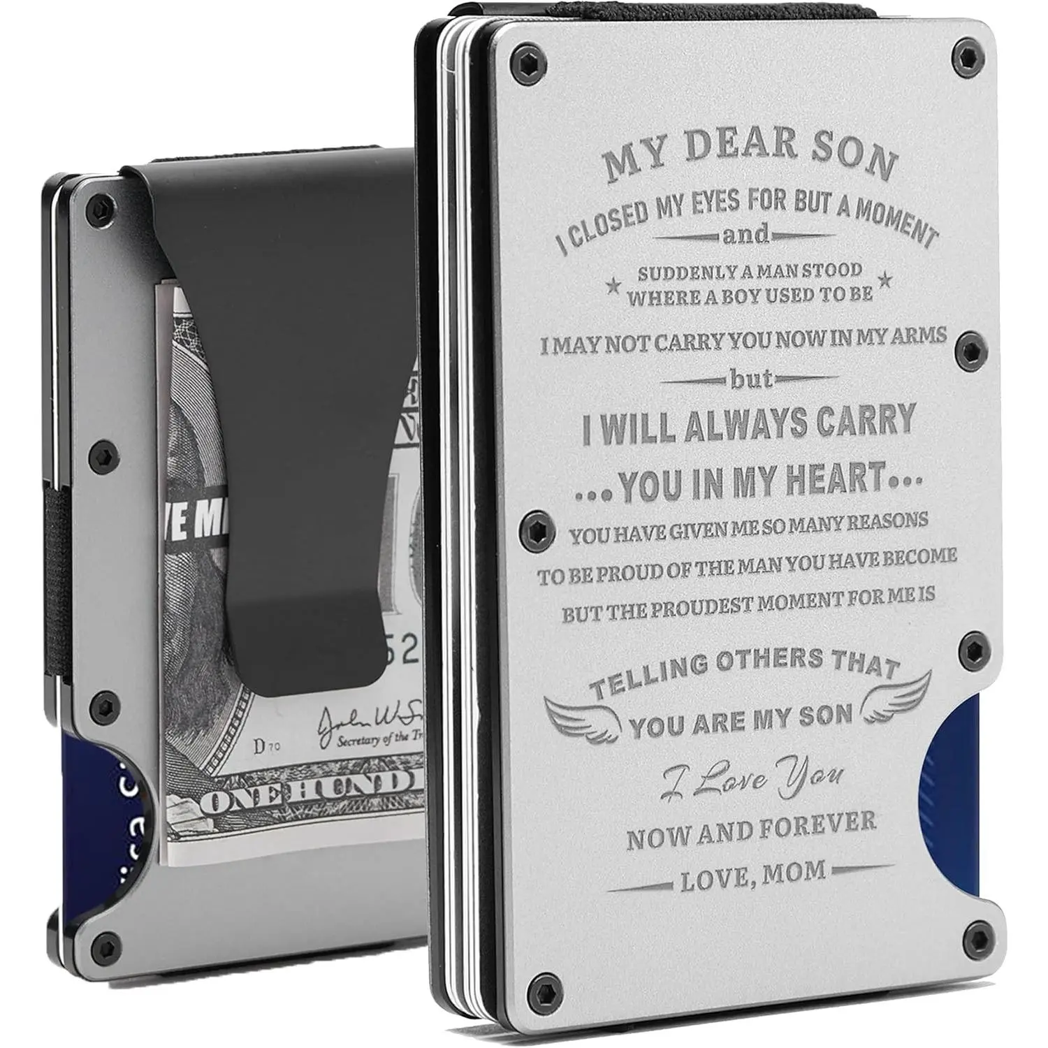 Personalized Engraved Minimalist Metal Wallet for Son from Mom, Custom Love Message Slim Aluminum Card Holder with Money Clip, Gift for Graduation Birthday Wedding Christmas DeploymentGift