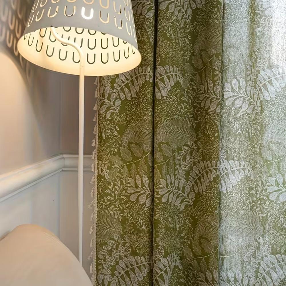 1pc Olive Plant Print Curtain, Cotton Linen Texture, Fringe Edge, Living Room Bedroom Balcony Floor-To-Ceiling Decorative Curtain