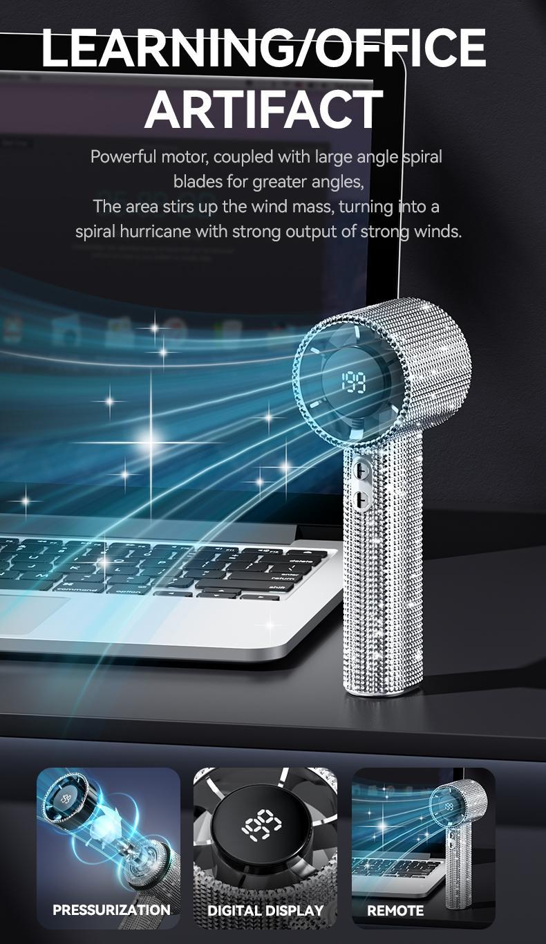 MGALL S5 Full Diamond Luxury Craftsmanship Portable Handheld Turbo Fan, 3 Gear Wind, Rechargeable Long  Battery Life Hand Fan With Digital Display For Outdoor Activities, Travel, Office,Wonmen's gift