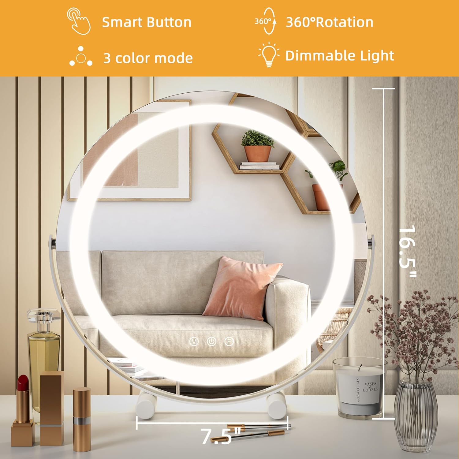 Anbuy 16'' Vanity Mirror with Lights, 3 Color Lighting Modes, 360° Rotation, Modern Frameless Round Mirror for Bedroom Tabletop