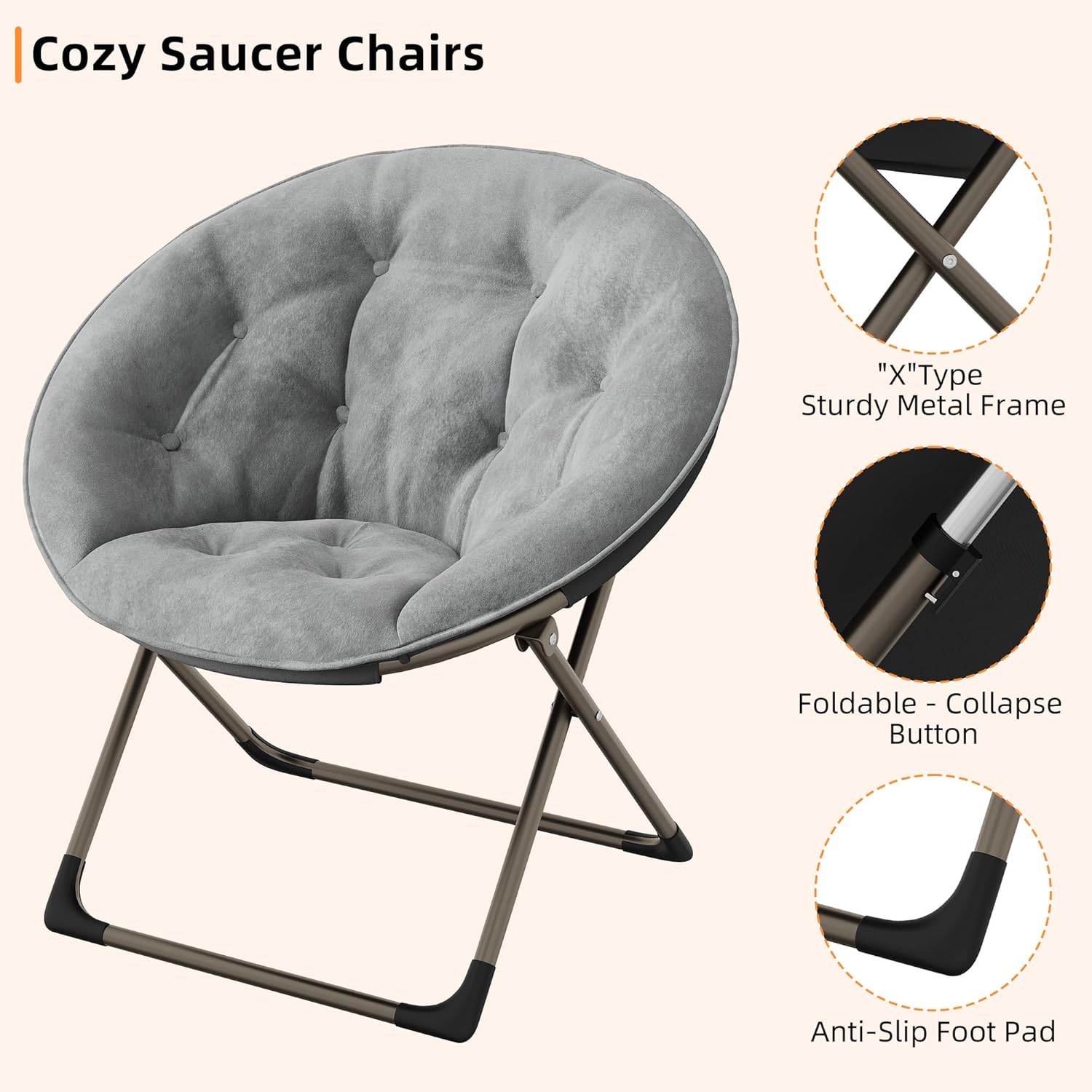 Comfy Oversized Saucer Chair, Soft Faux Fur Folding Moon Chair, Thick Padded Reading Lounge Chair with Stable Metal Frame for Living Room, Dorm, Office