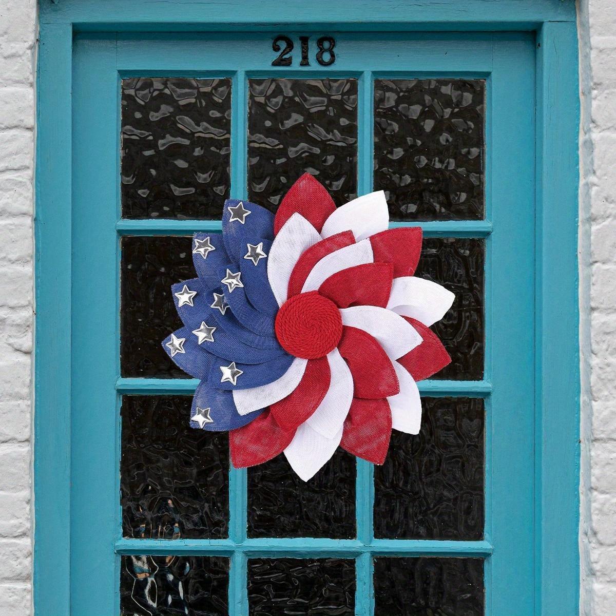 Full 3D Burlap Petal Wreath Door Hanger, Patriotic Red White Blue Independence Day Decorative Wreath for Front Door Porch Wall Window, July 4th Celebration Decor