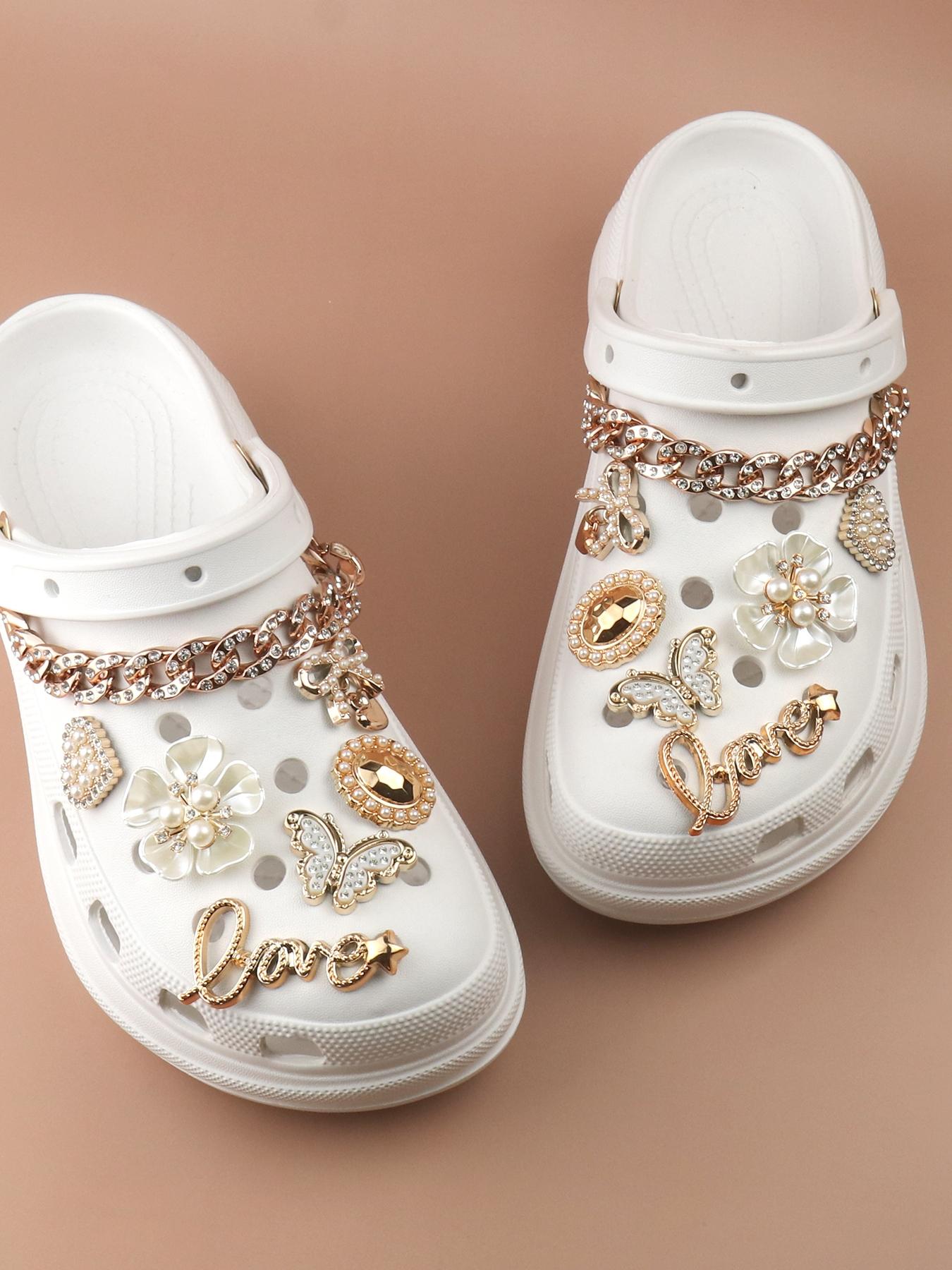 14pcs Fashionable Rhinestone & Letter Decorated Shoes Decorations, Chain & Bowknot Design Shoes Charm Rhinestone Shoes Charms For Vented Clogs Decoration